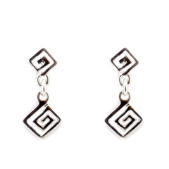Sterling Silver Rhodium Plated Ancient Greek Key Drop Earrings