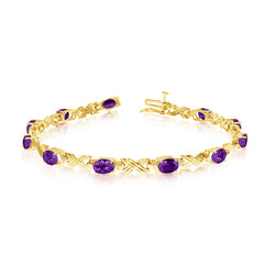 14K Yellow Gold Oval Amethyst Stones And Diamonds Tennis Bracelet, 7" fine designer jewelry for men and women