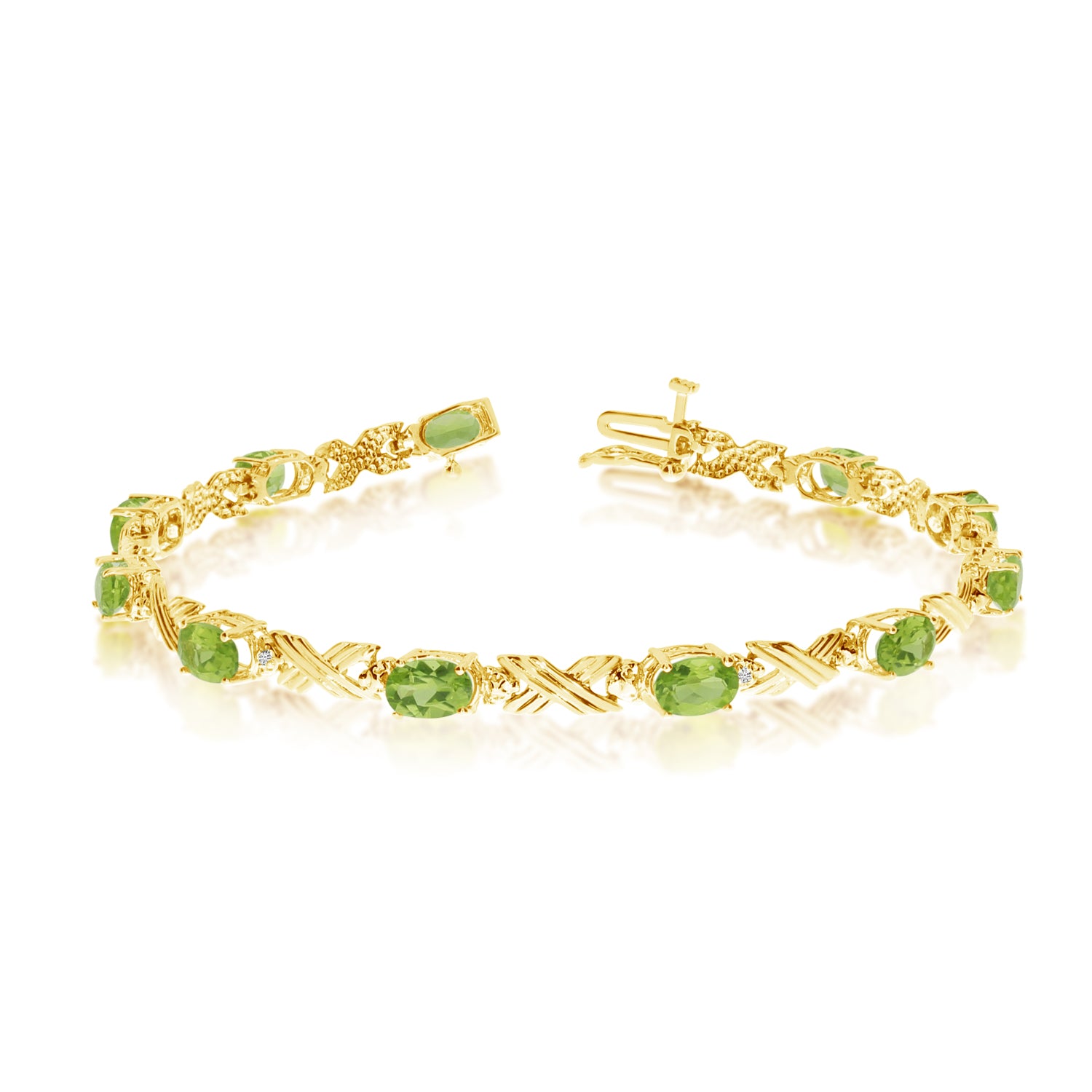 14K Yellow Gold Oval Peridot Stones And Diamonds Tennis Bracelet, 7" fine designer jewelry for men and women