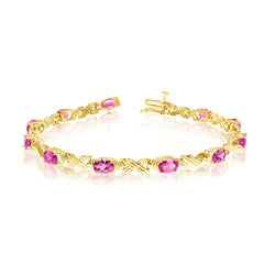 14K Yellow Gold Oval Pink Topaz Stones And Diamonds Tennis Bracelet, 7" fine designer jewelry for men and women
