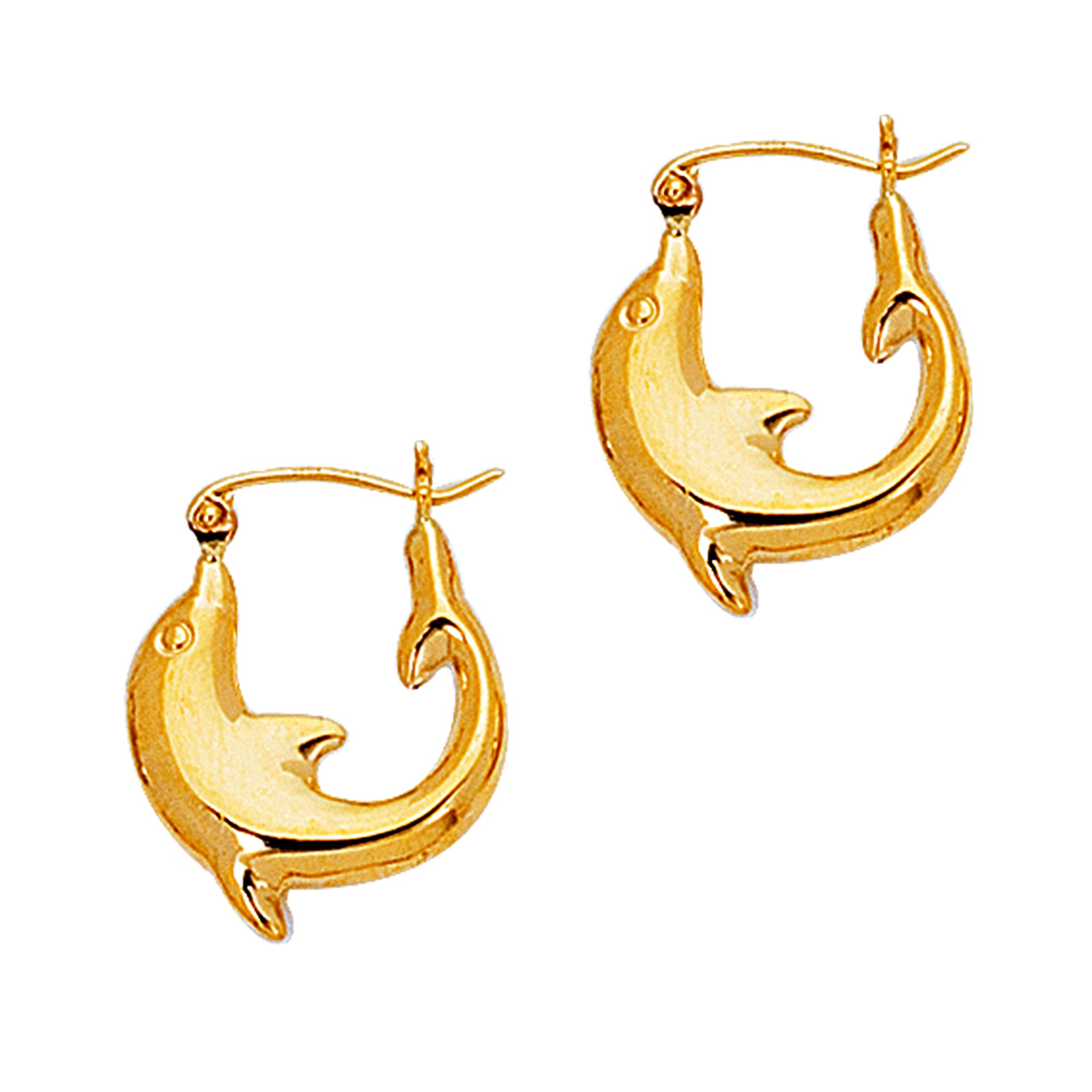 14K Yellow Gold Shiny Small Dolphin Hoop Earrings Diameter 16mm