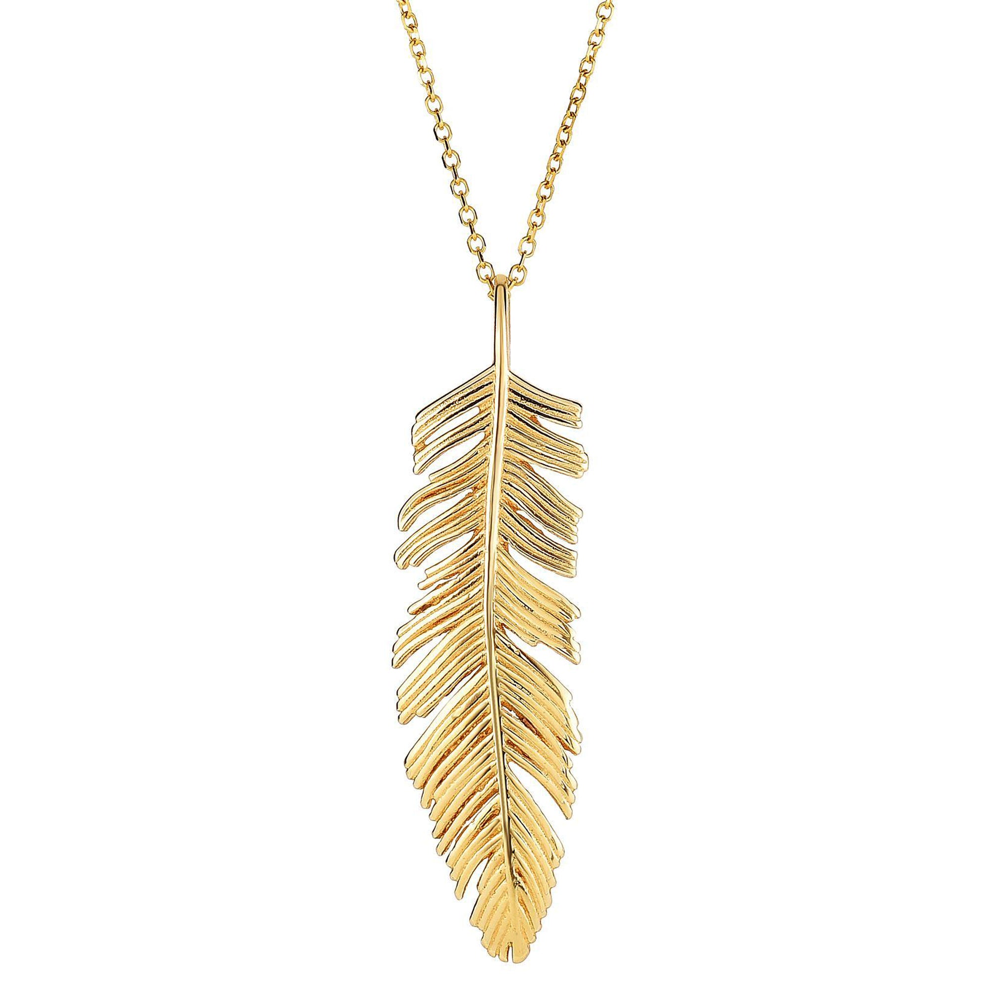 14k Yellow Gold Feather Pendant Necklace,18" fine designer jewelry for men and women