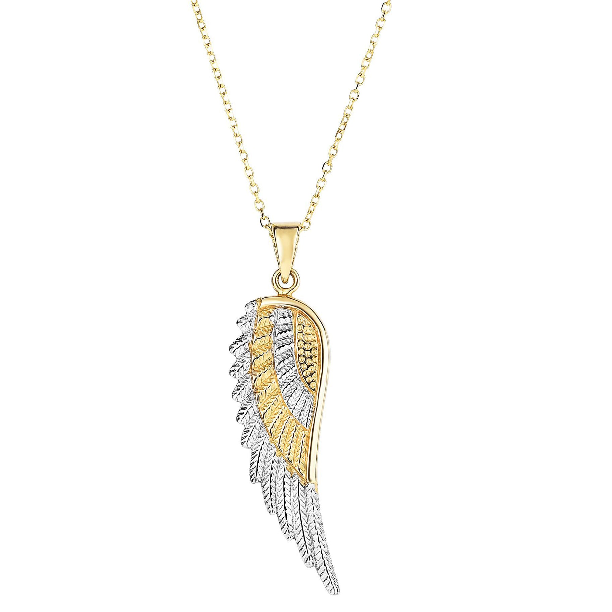14k Yellow And White Gold Angel Wing Pendant Chain Necklace, 18" fine designer jewelry for men and women