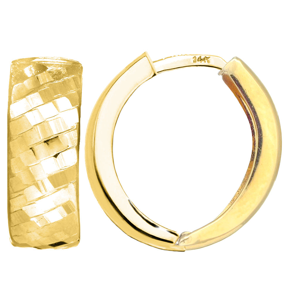 14K Yellow Gold Diamond Cut Textured Snuggable Earrings, Diameter 15mm fine designer jewelry for men and women