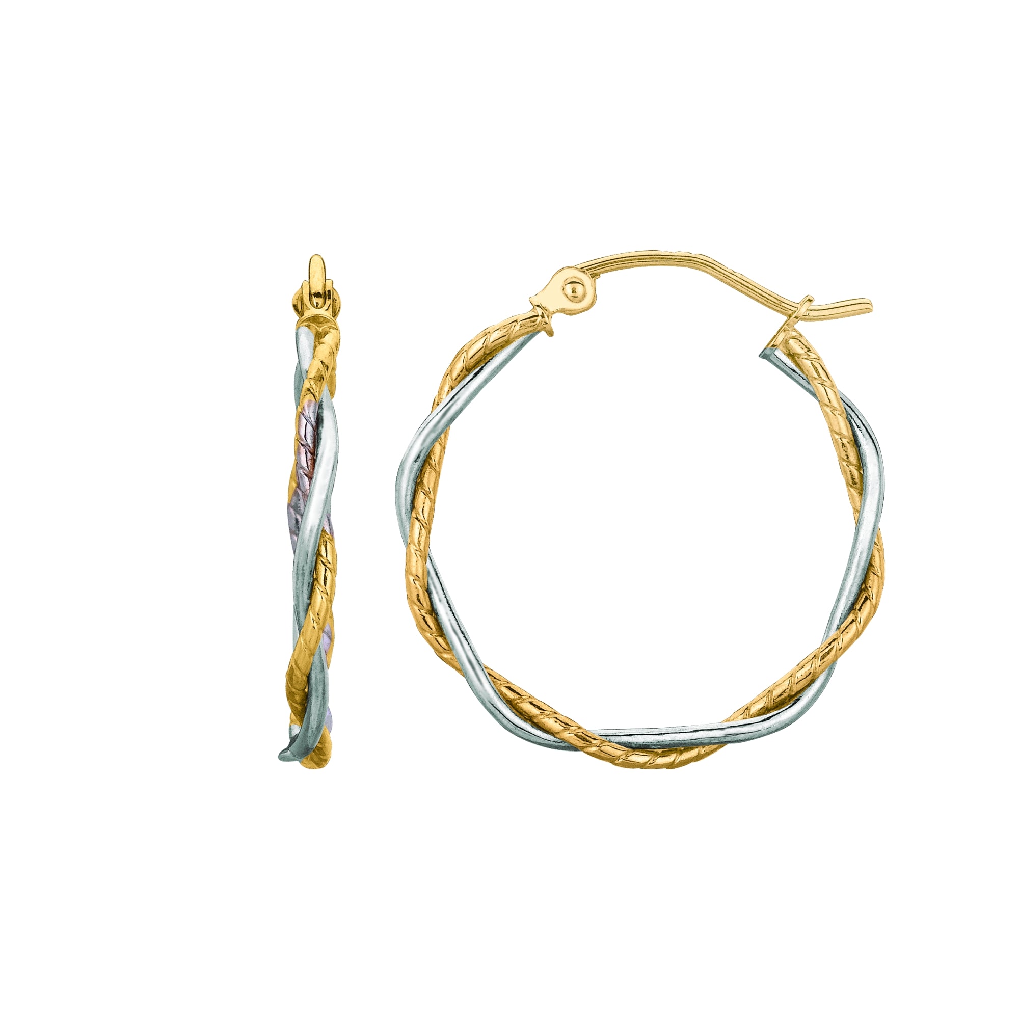 14K Yellow And White Gold Twisted Hoop Earrings, Diameter 25mm fine designer jewelry for men and women