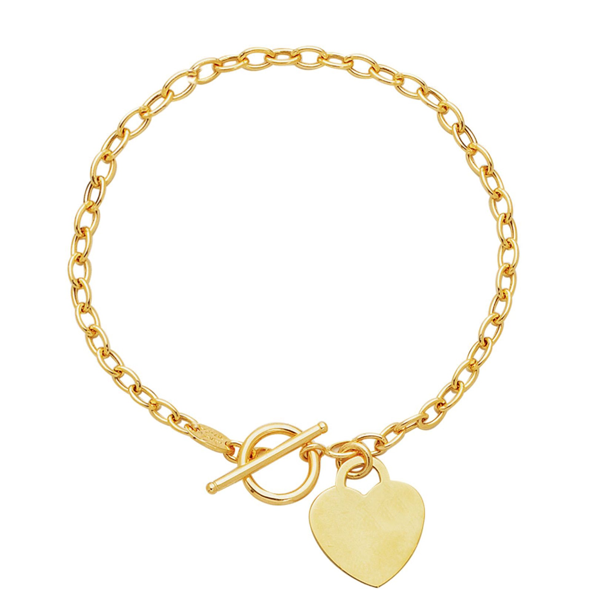14k Yellow Gold Chain Oval Link Heart Bracelet, 7.50" fine designer jewelry for men and women