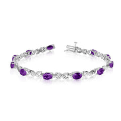 10K White Gold Oval Amethyst Stones And Diamonds Tennis Bracelet, 7" fine designer jewelry for men and women