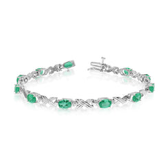 10K White Gold Oval Emerald Stones And Diamonds Tennis Bracelet, 7" fine designer jewelry for men and women