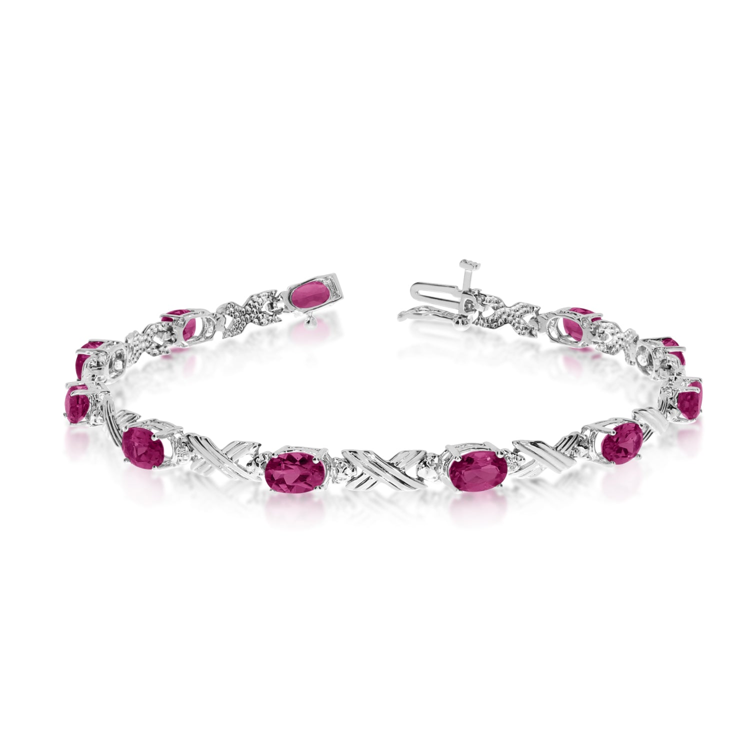 10K White Gold Oval Ruby Stones And Diamonds Tennis Bracelet, 7" fine designer jewelry for men and women
