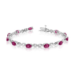 10K White Gold Oval Ruby Stones And Diamonds Tennis Bracelet, 7" fine designer jewelry for men and women
