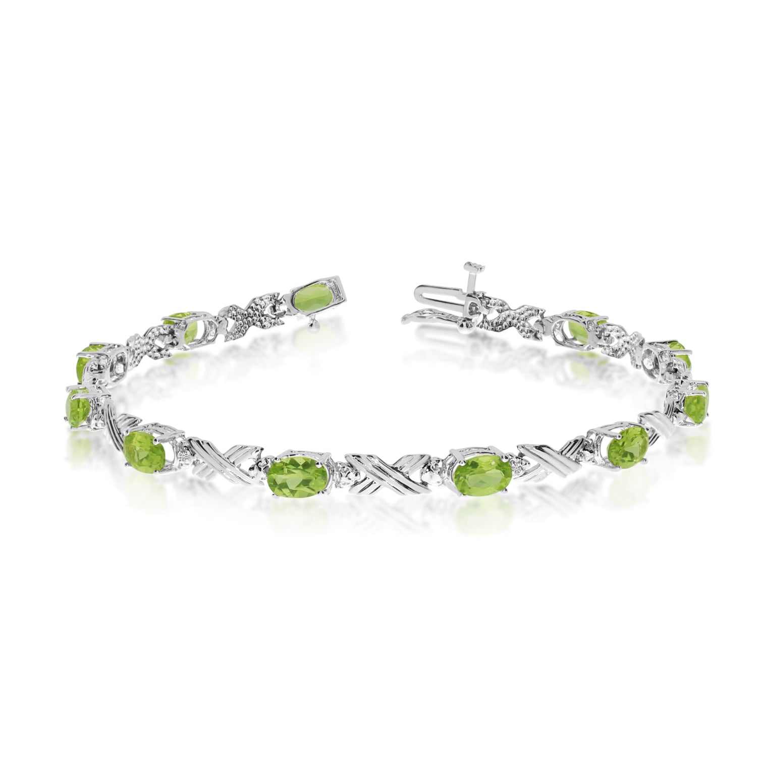 10K White Gold Oval Peridot Stones And Diamonds Tennis Bracelet, 7" fine designer jewelry for men and women