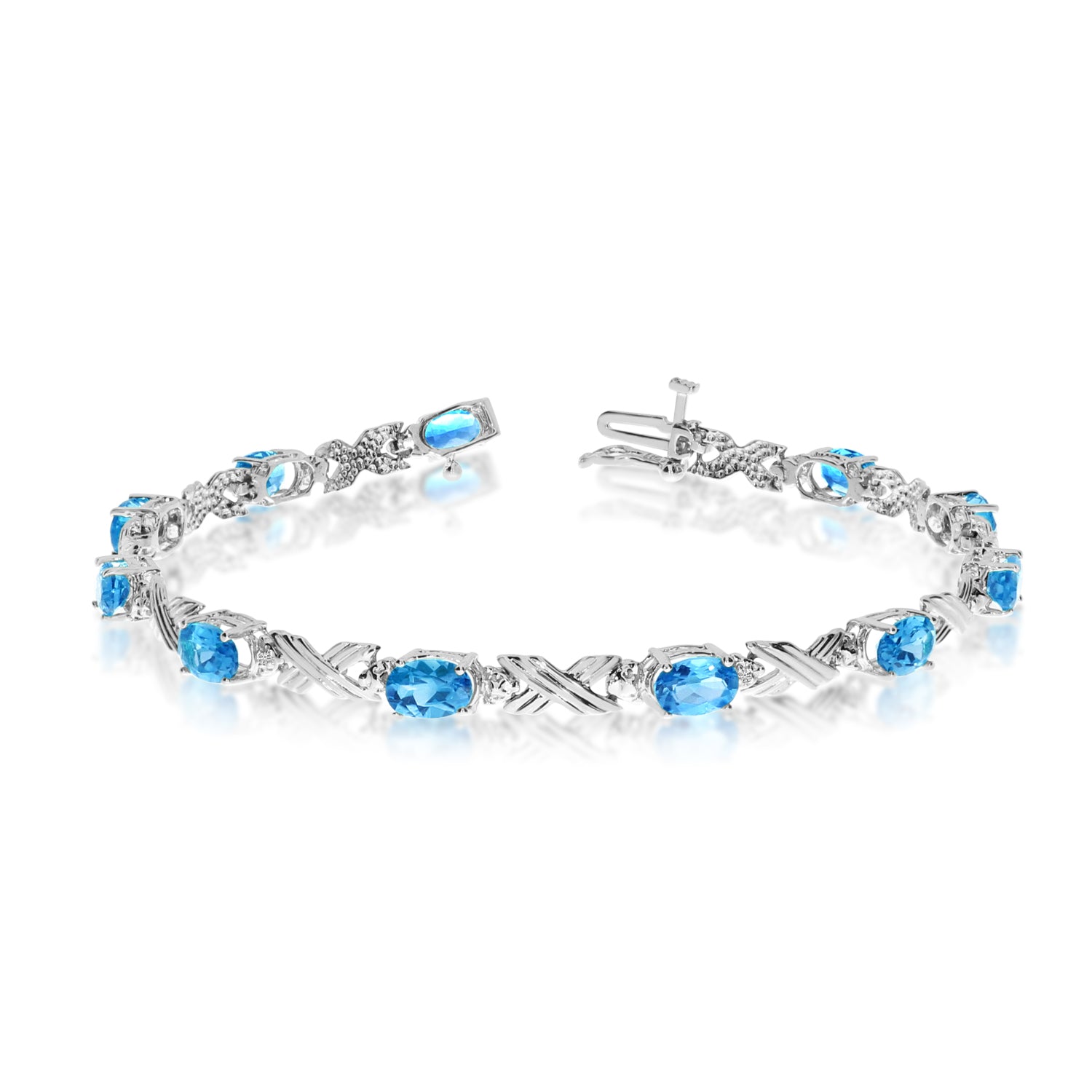 10K White Gold Oval Blue Topaz Stones And Diamonds Tennis Bracelet, 7" fine designer jewelry for men and women