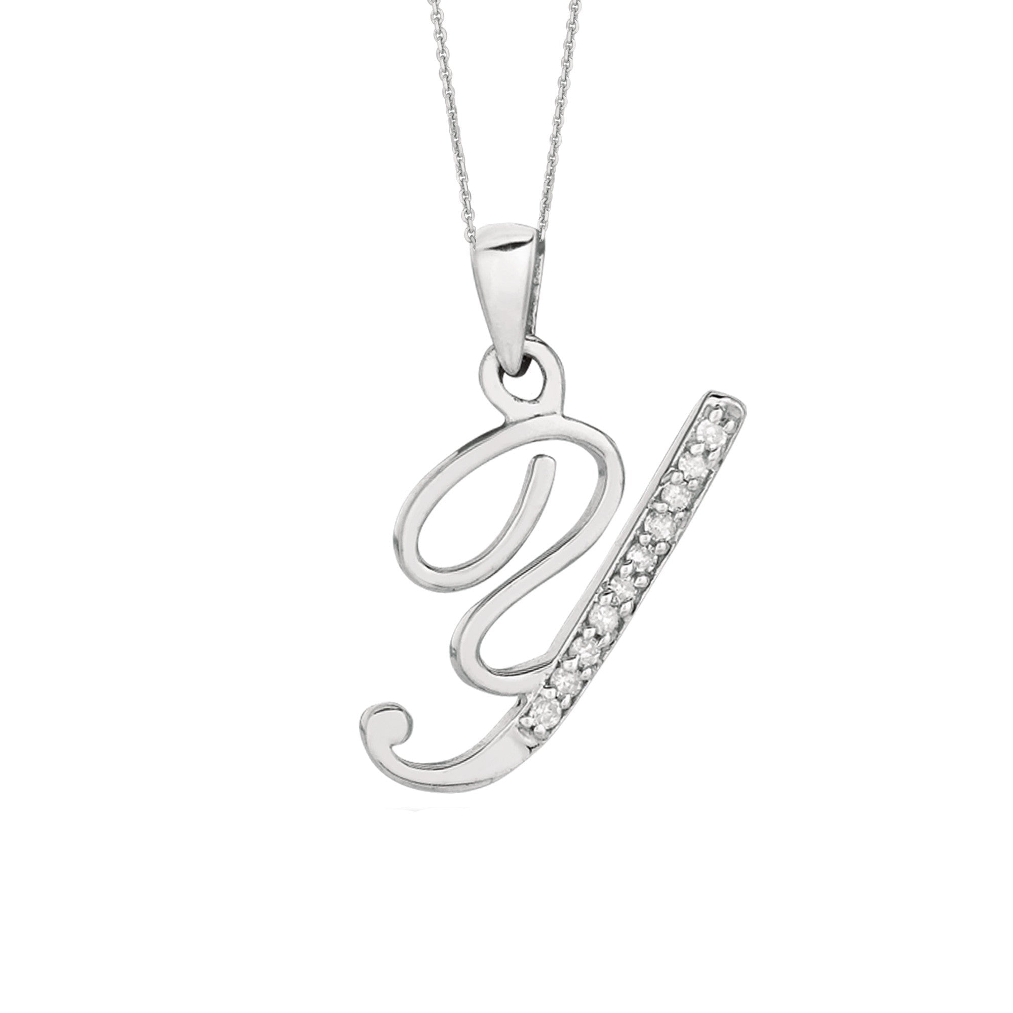 "Y" Sterling Silver Rhodium Plated Script Initial Letter With Diamonds On 18 Inch Chain ( 0.05 Tcw) - JewelryAffairs
