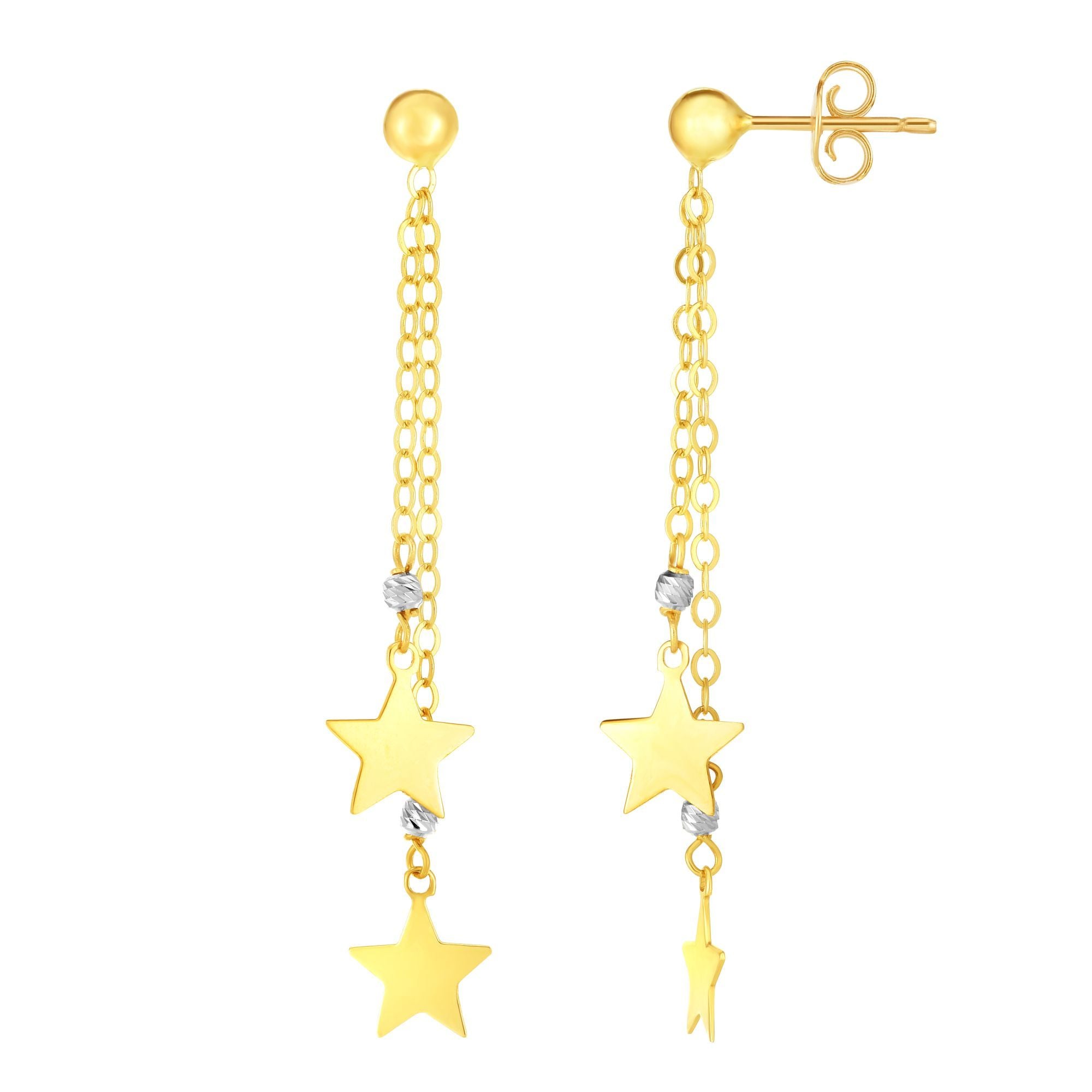 14K Yellow And White Gold Hanging Stars Drop Earrings fine designer jewelry for men and women