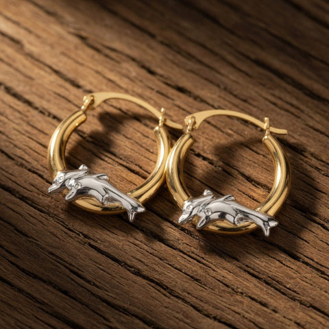 10k 2 Tone White And Yellow Gold Round Shape Hoop Earrings With Dolphins, Diameter 15mm
