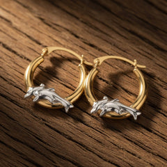 10k 2 Tone White And Yellow Gold Round Shape Hoop Earrings With Dolphins, Diameter 15mm
