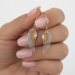10k 2 Tone Yellow And White Gold Diamond Cut Angel Wings Drop Earrings