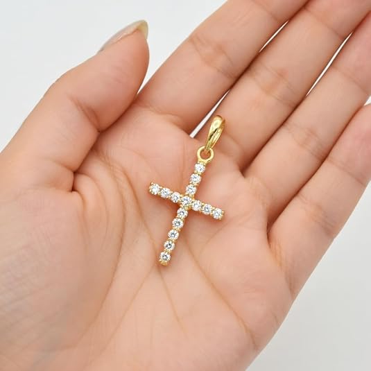 10k Real Solid Yellow Gold and CZ Cross Pendant Charm, 19x9mm