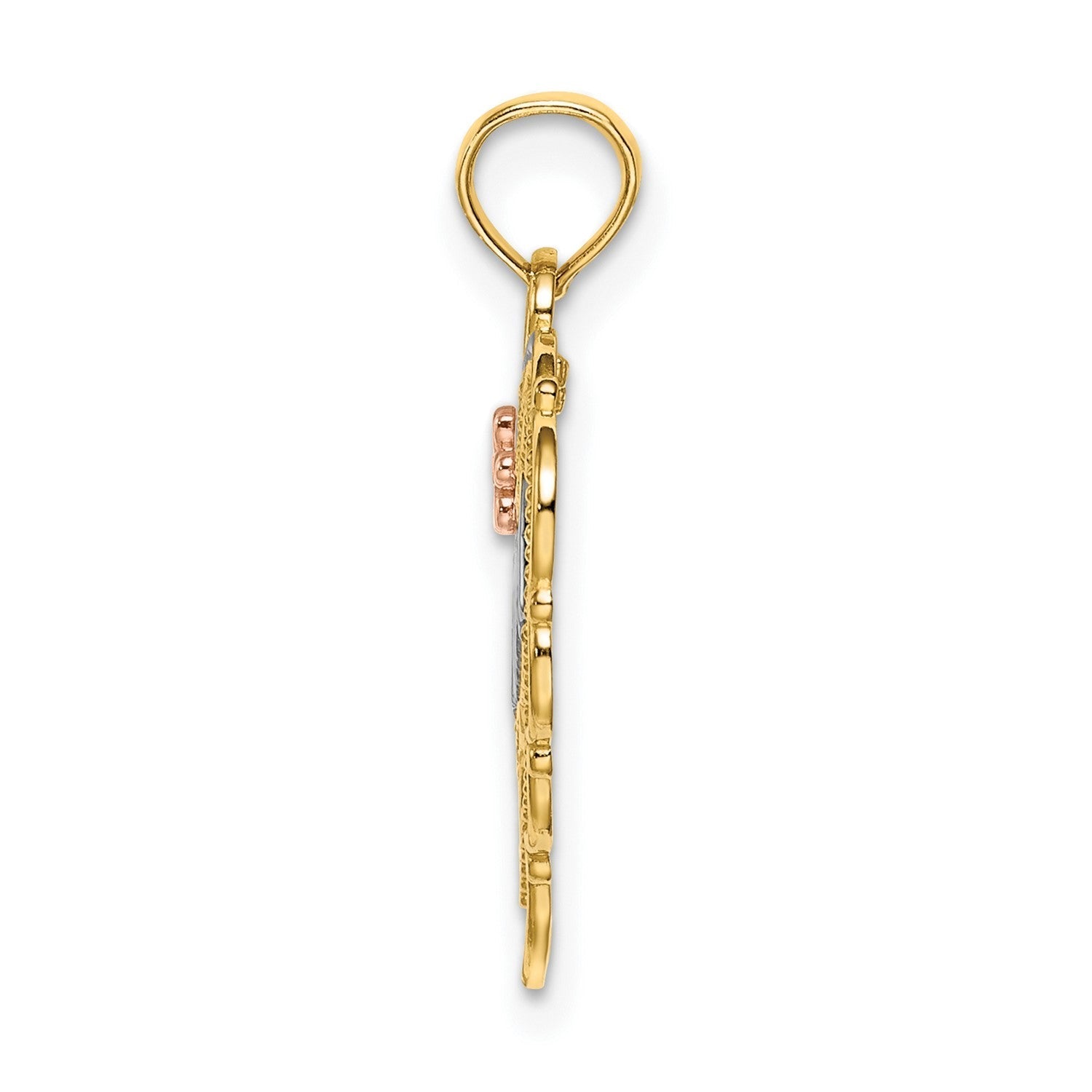 10K Two-Tone Real Solid Gold MOM Heart with Flower Charm Pendant