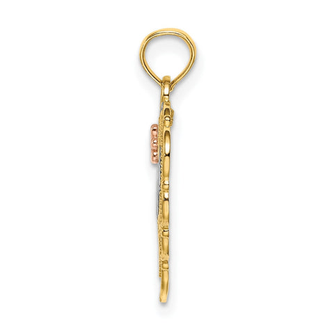 10K Two-Tone Real Solid Gold MOM Heart with Flower Charm Pendant