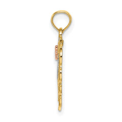 10K Two-Tone Real Solid Gold MOM Heart with Flower Charm Pendant