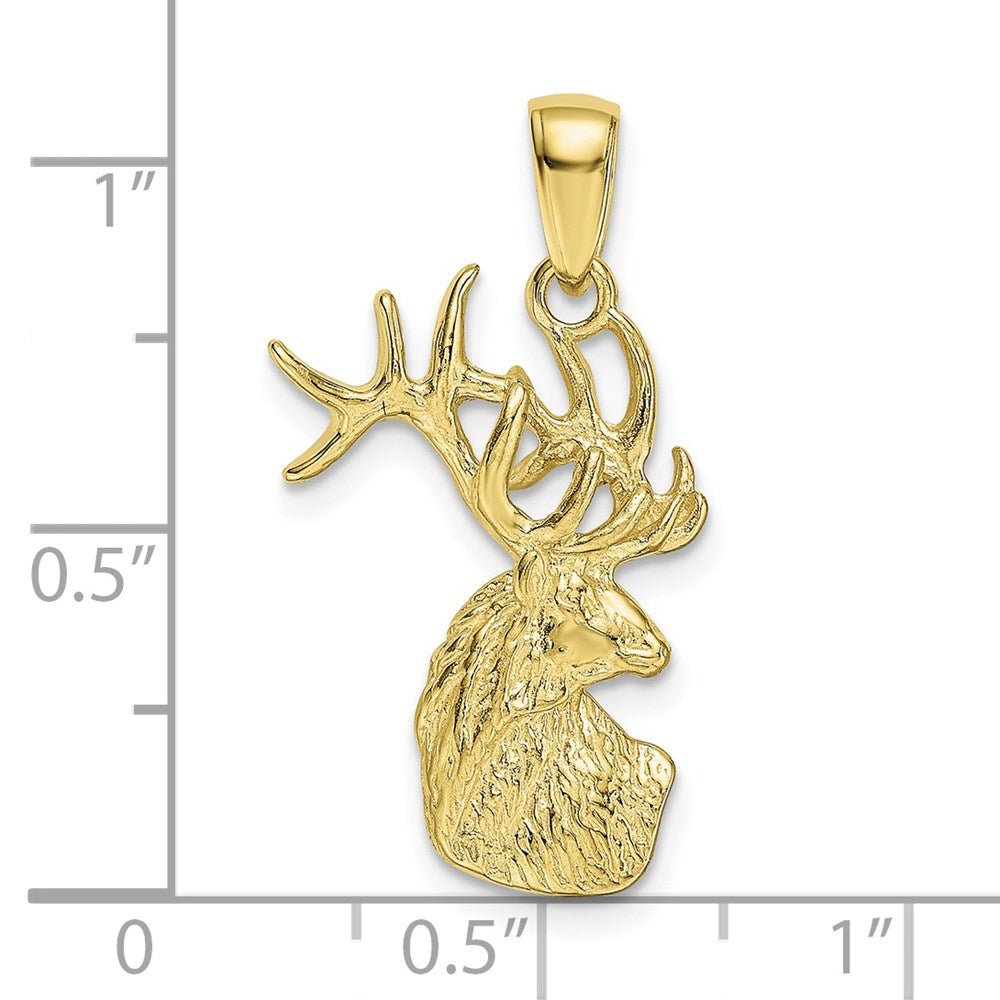 10K Yellow Gold Deer Head Pendant Charm, Antler Design, 29mm x 15mm - JewelryAffairs