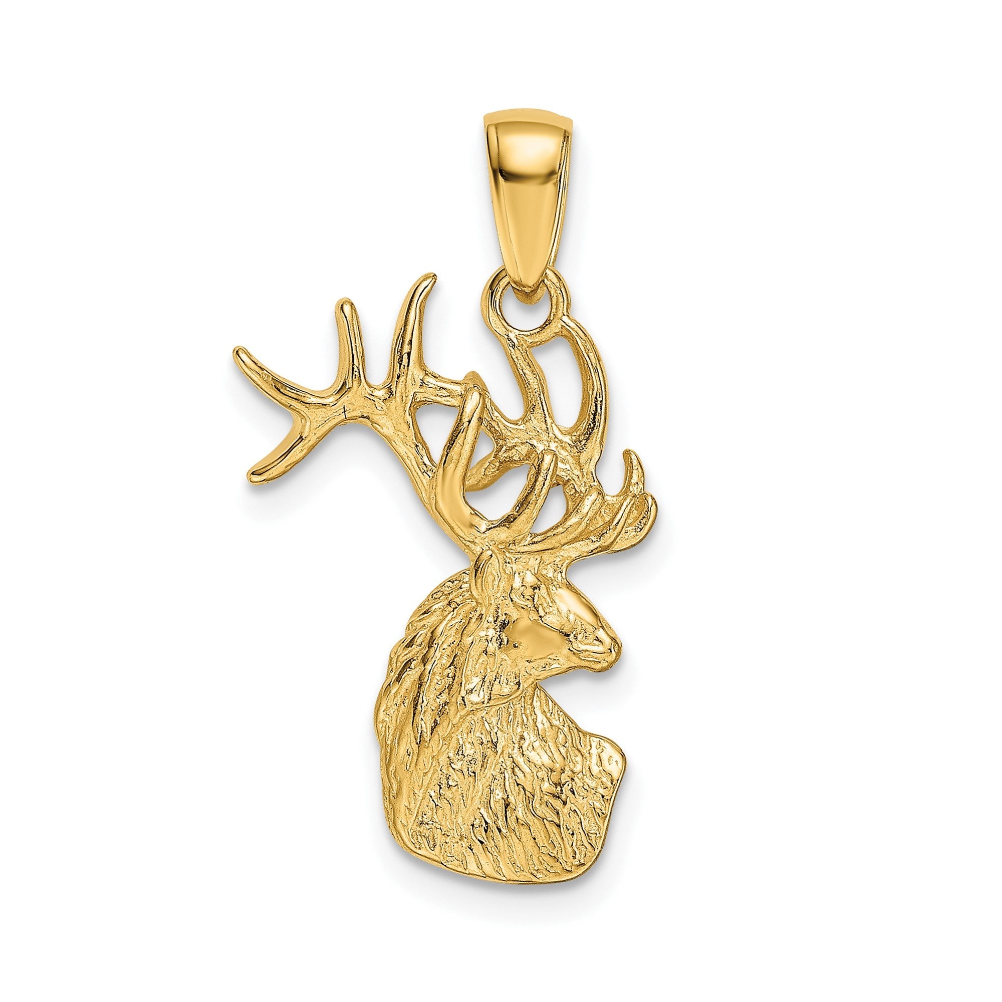 10K Yellow Gold Deer Head Pendant Charm, Antler Design, 29mm x 15mm - JewelryAffairs