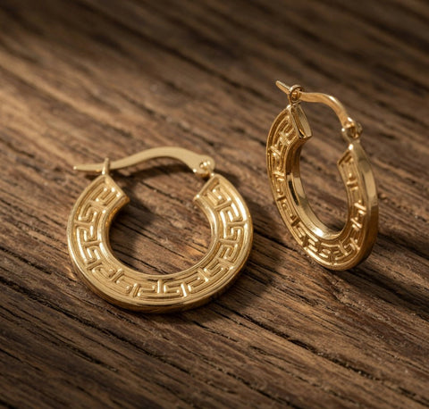 14K Yellow Gold Round Greek Key Hoop Earrings, Diameter 15mm