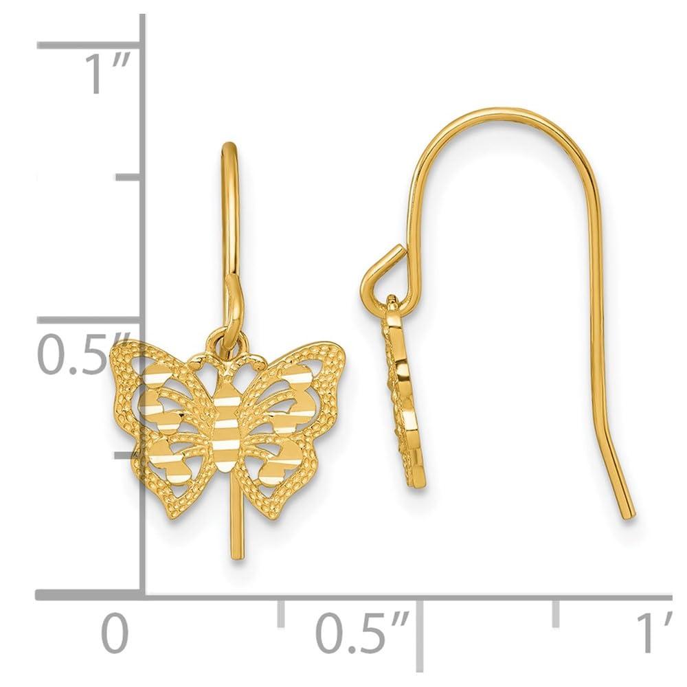 10k Yellow Gold High Polish Diamond Cut Dangle Butterfly Drop Earrings - JewelryAffairs