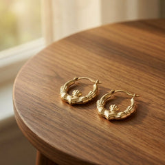 10k Yellow Gold Shiny Claddagh Design Hoop Earrings, Diameter 15mm