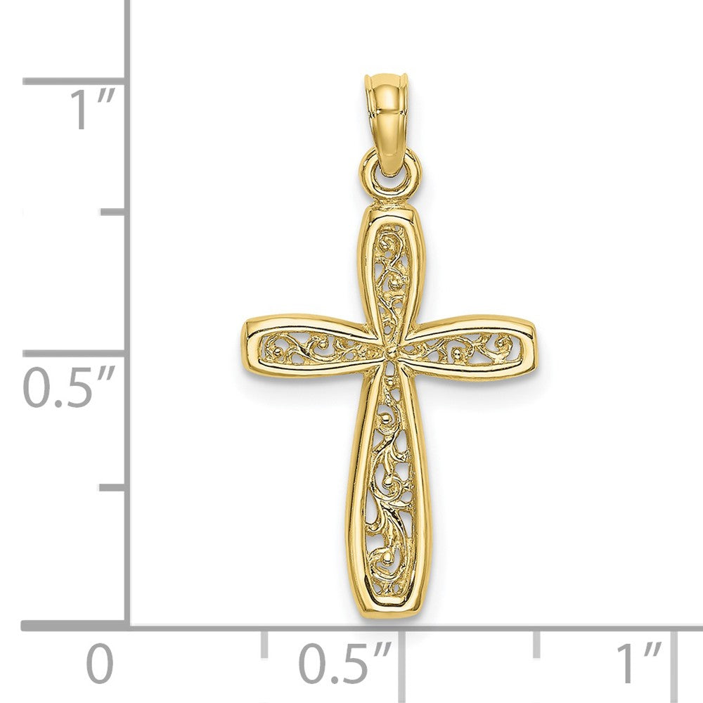 10k Real Yellow Gold Cross with Filigree Center Charm Pendant, 24x14mm