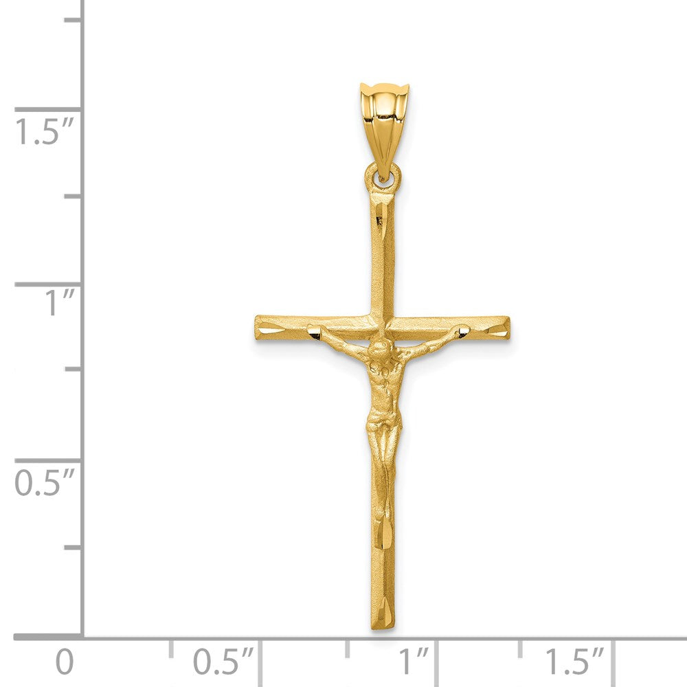 14K Real Solid Brushed Yellow Gold and Diamond Cut Crucifix Cross Pendant
