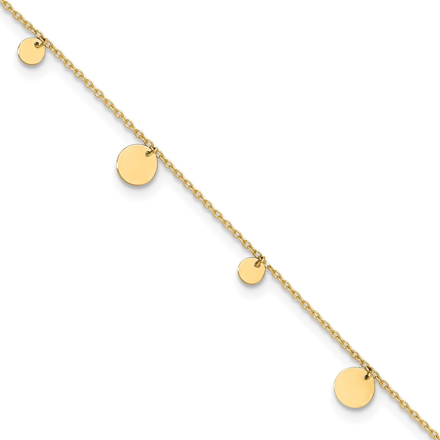 14K Real Solid Yellow Gold High Polished Circles Charm 9 to 10 Adjustable Anklet