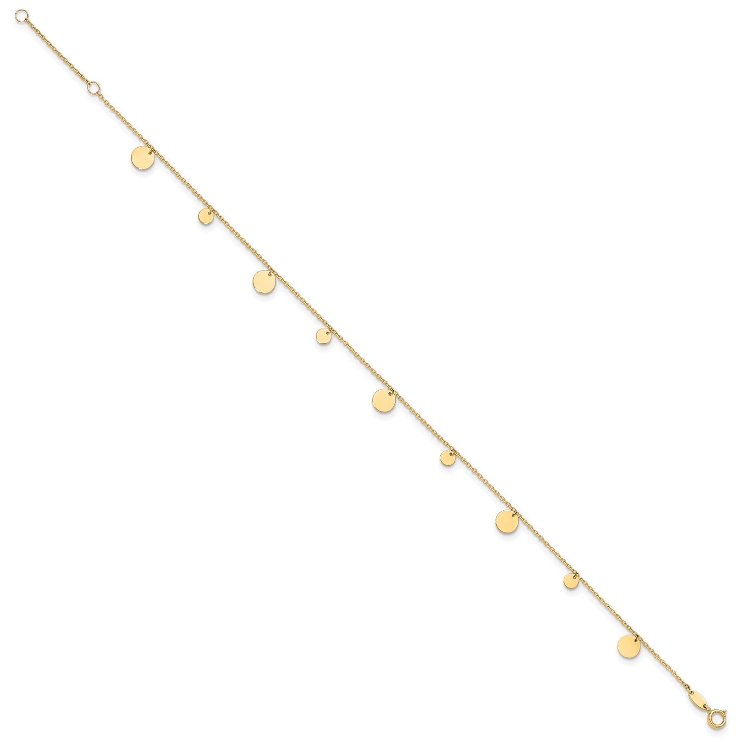 14K Real Solid Yellow Gold High Polished Circles Charm 9 to 10 Adjustable Anklet