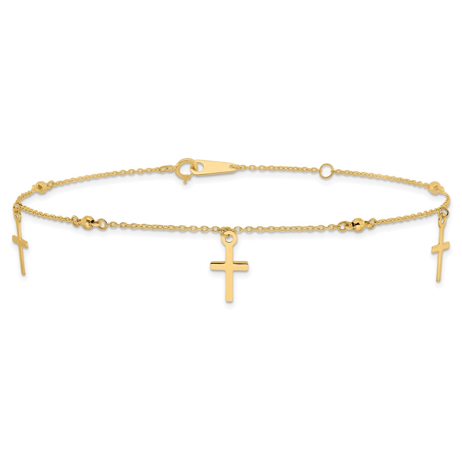 14k Real Yellow Gold High Polished and Diamond-cut Cross Anklet, 9 to 11 Adjustable