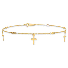 14k Real Yellow Gold High Polished and Diamond-cut Cross Anklet, 9 to 11 Adjustable