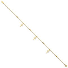 14k Real Yellow Gold High Polished and Diamond-cut Cross Anklet, 9 to 11 Adjustable