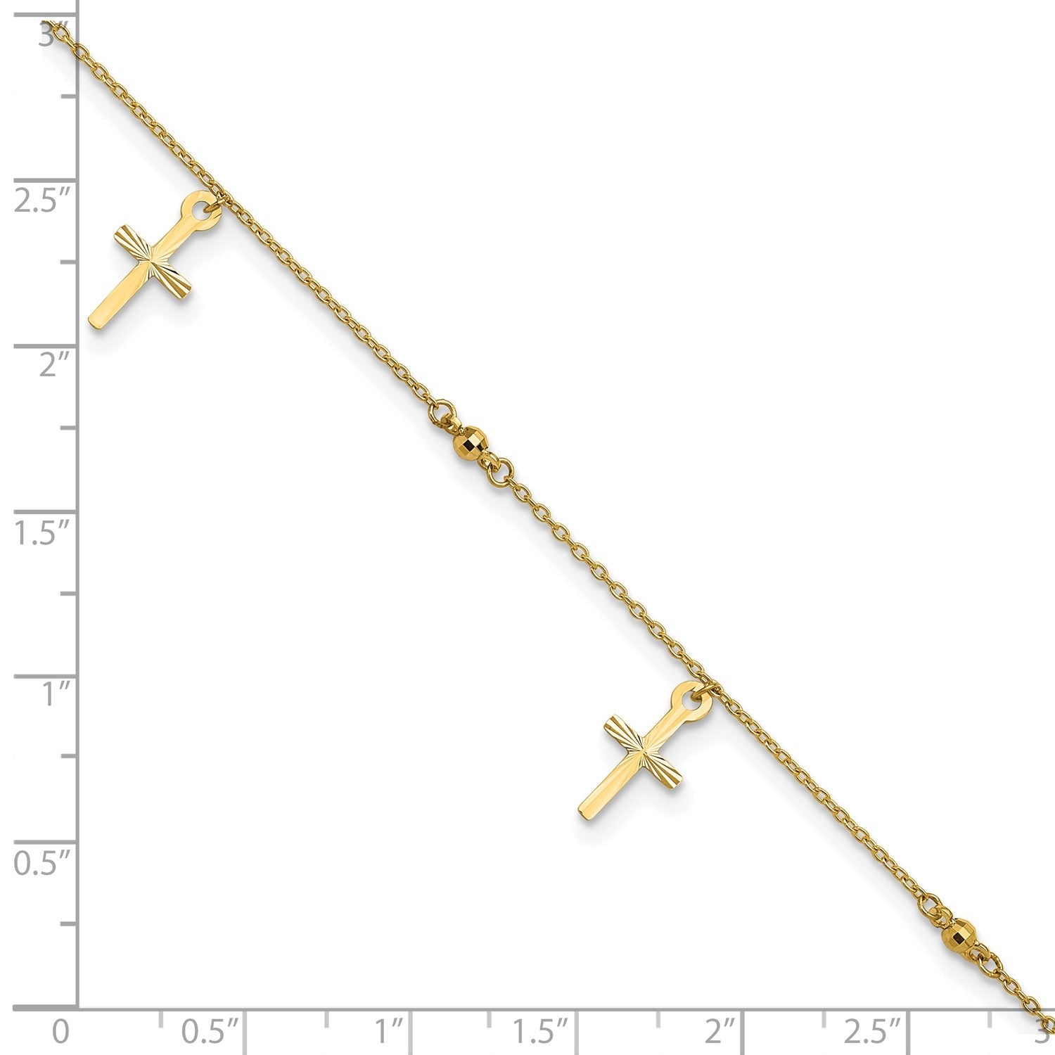 14k Real Yellow Gold High Polished and Diamond-cut Cross Anklet, 9 to 11 Adjustable