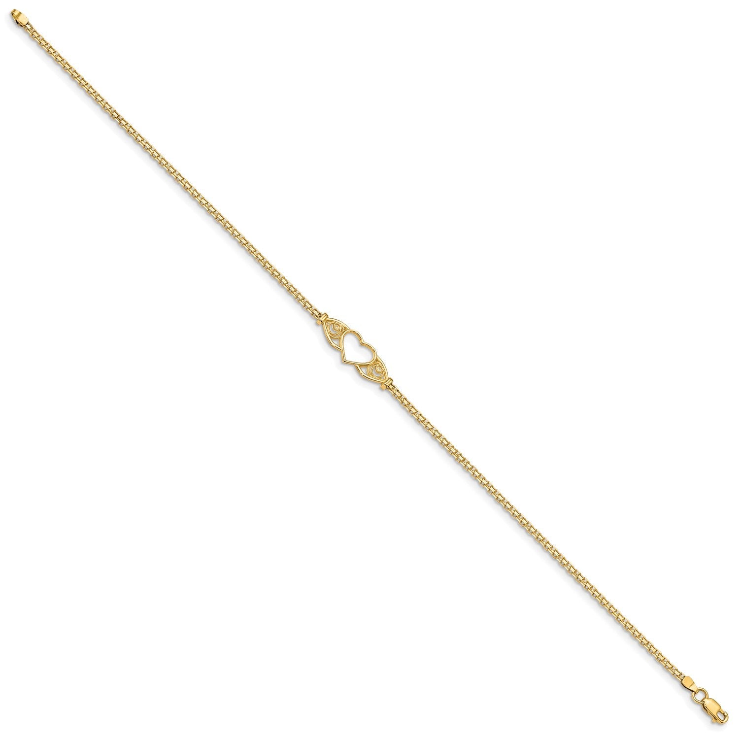 14k Real Yellow Gold High Polished Heart Charm Anklet, 10