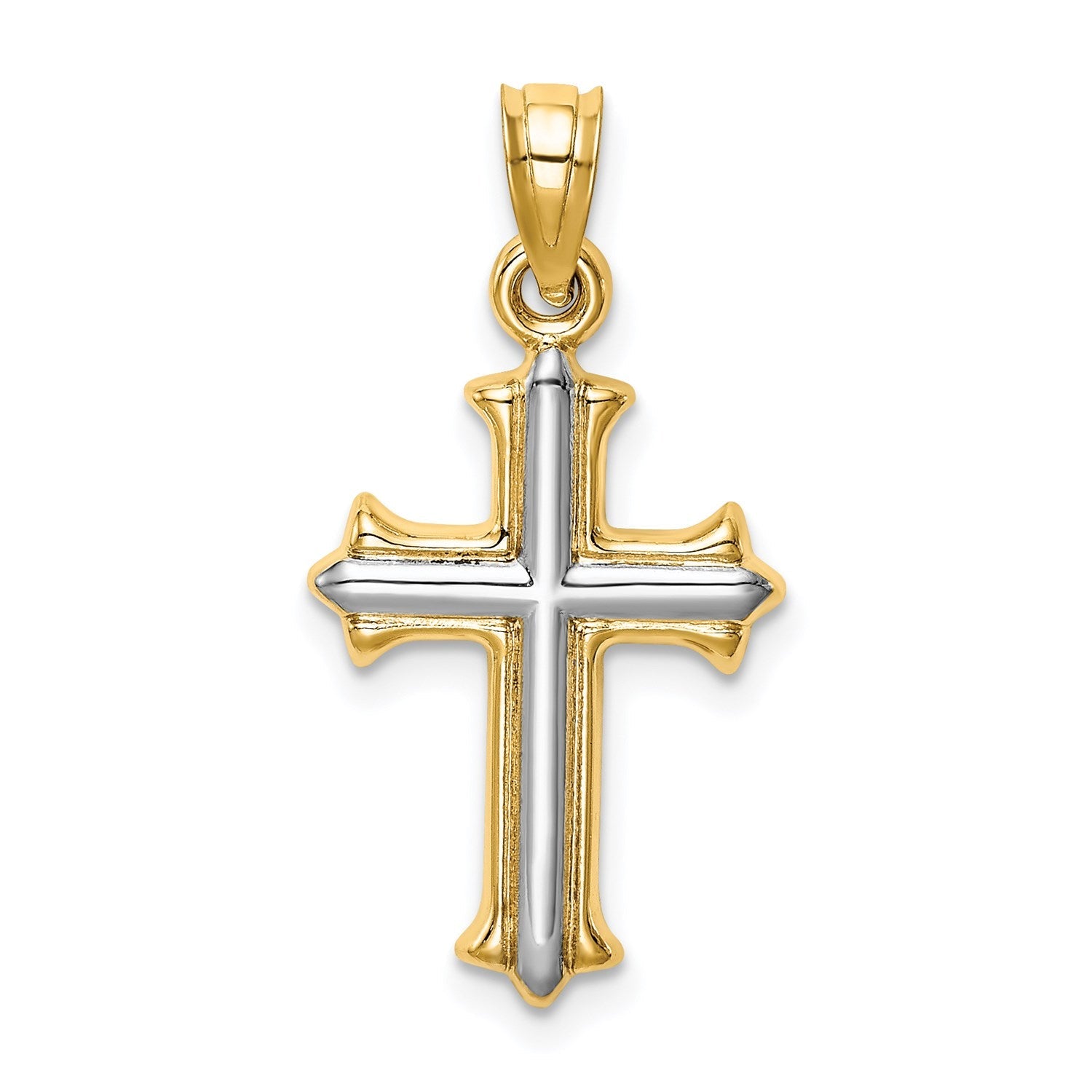 14k Real Yellow Gold with Rhodium Finisj Reversible Hollow Cross Pendant, 26x13mm