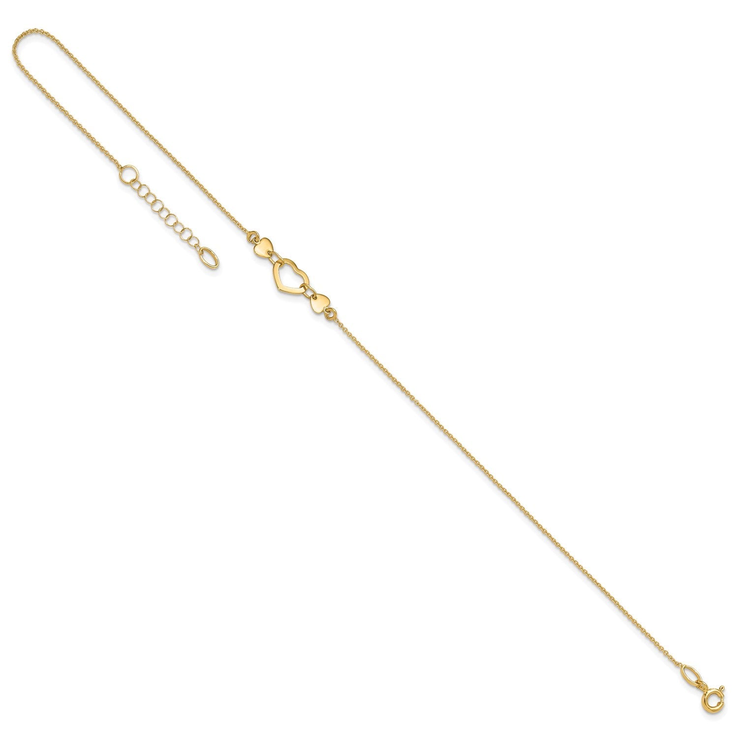 14k Solid Yellow Gold High Polished Heart Charm Adjustable Anklet, 10 to 10.75