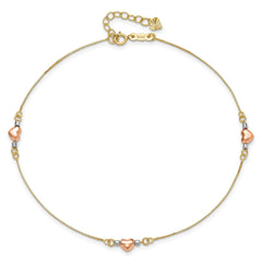 14k Tri-Color Gold Puffed Heart Charms Anklet, Adjustable 9 to 10