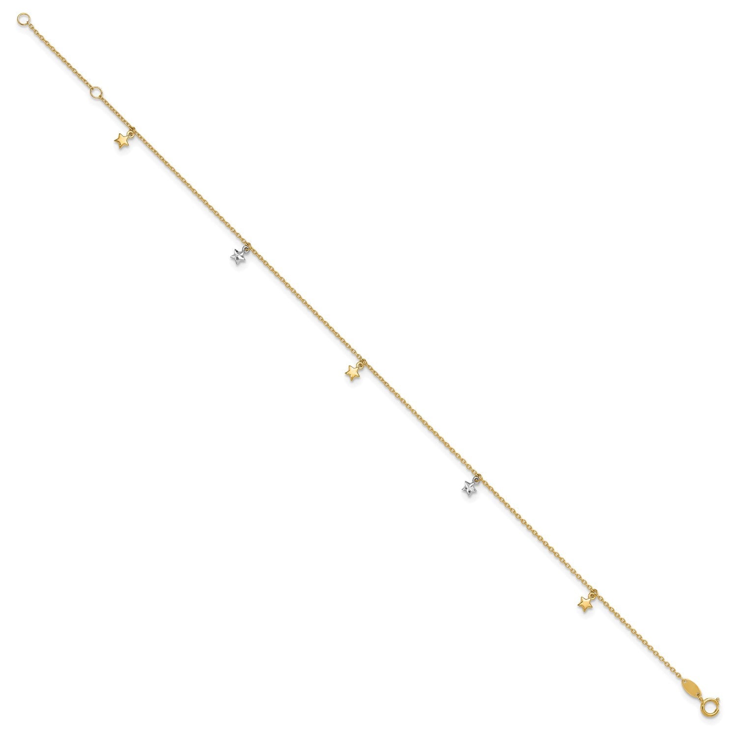 14K Two-tone Solid Gold High Polished Diamond Cut Star Charm Adjustable Anklet,10