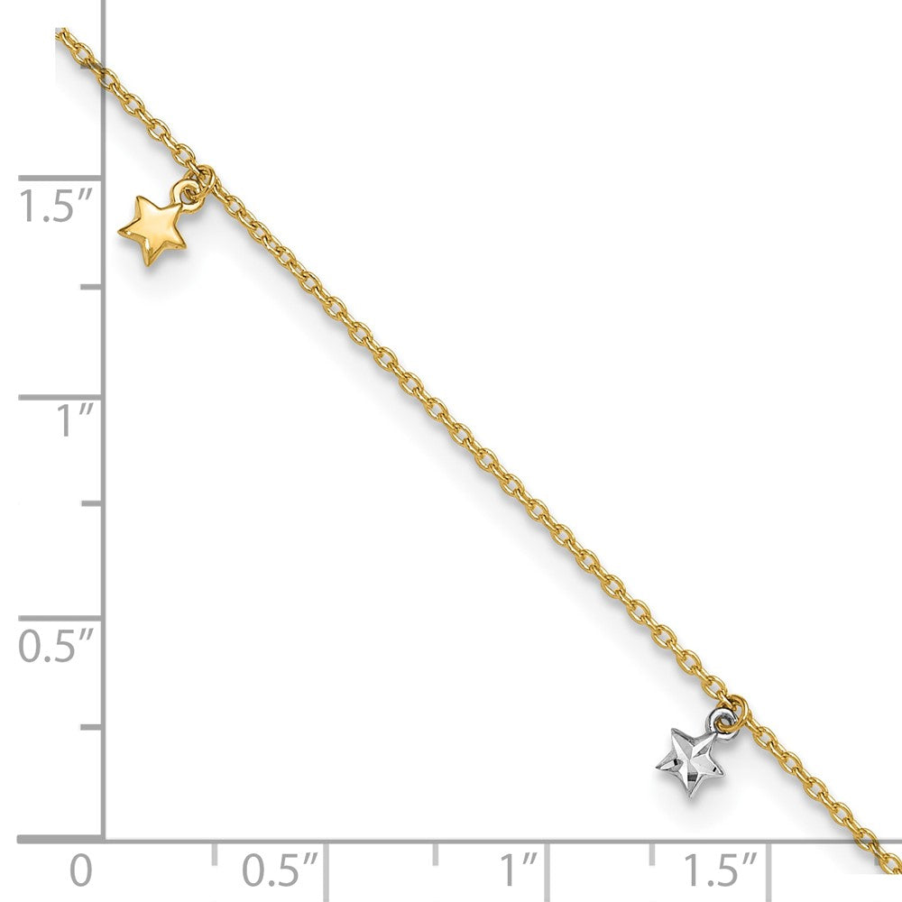14K Two-tone Solid Gold High Polished Diamond Cut Star Charm Adjustable Anklet,10