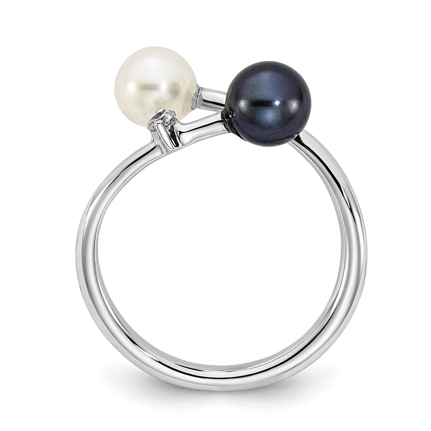 14K White Gold 6mm Black and White Pearl Diamond Adjustable Ring