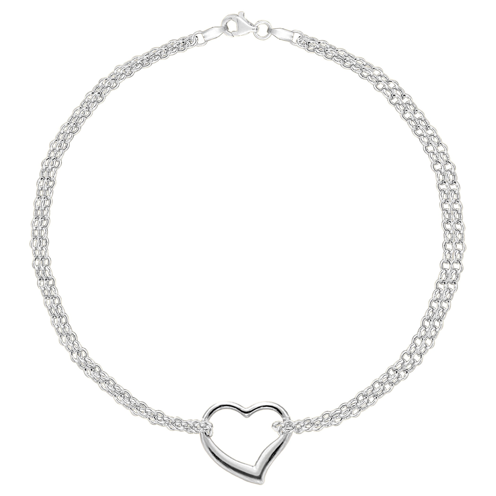 14K White Gold Double Strand With Heart Anklet, 10