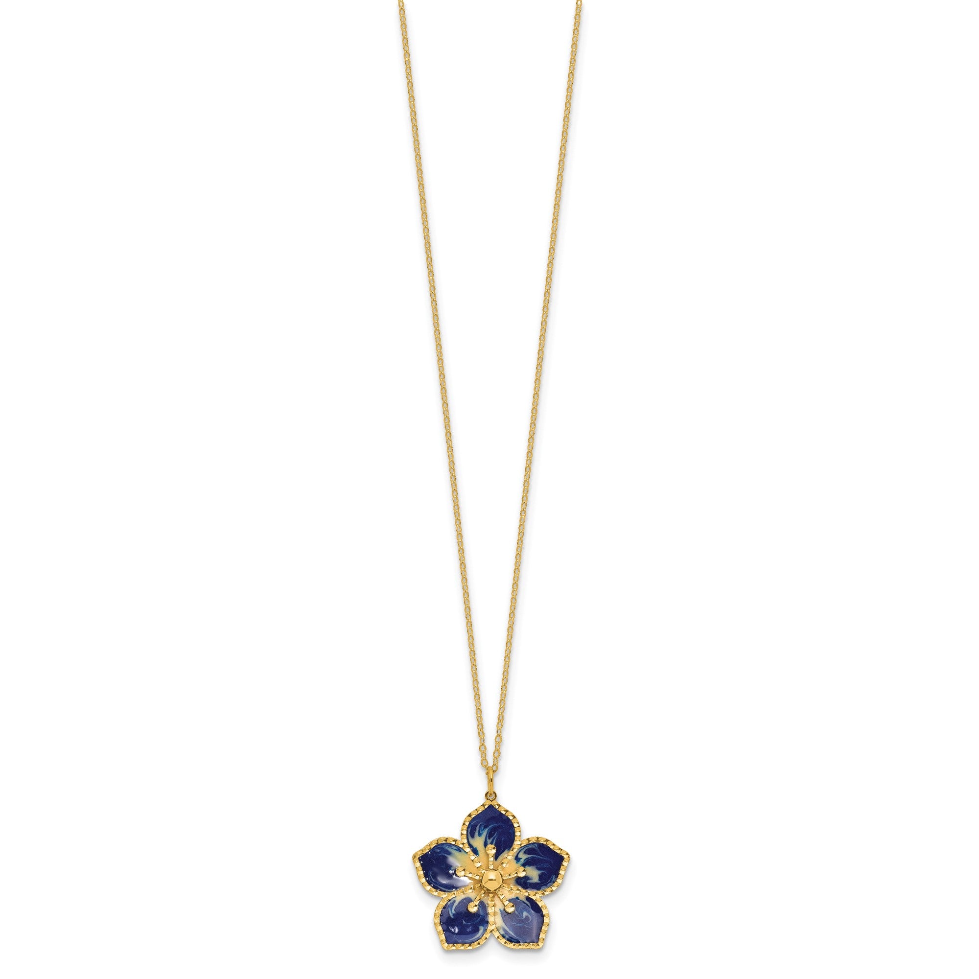 14K Yellow Gold Blue Enamel Flower Pendant Necklace, 16 Inch Chain with 2 Inch Extension