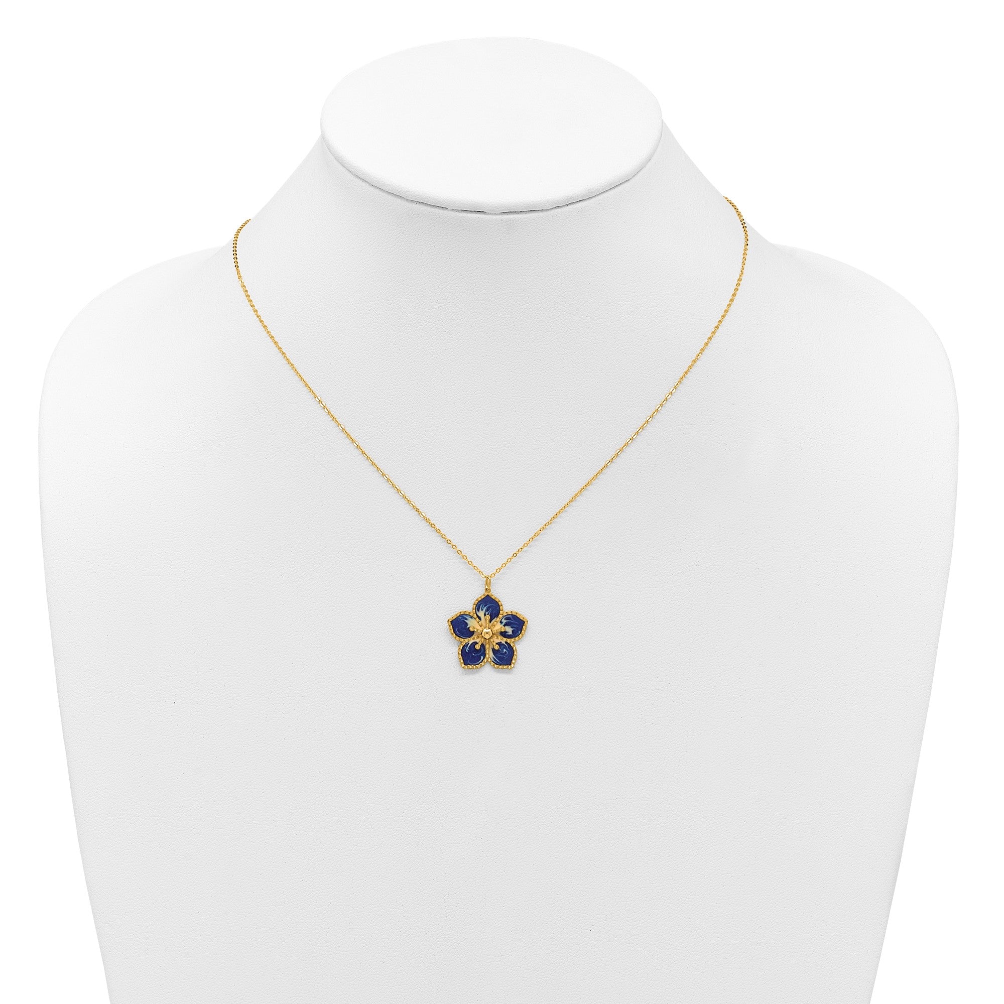 14K Yellow Gold Blue Enamel Flower Pendant Necklace, 16 Inch Chain with 2 Inch Extension