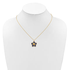 14K Yellow Gold Blue Enamel Flower Pendant Necklace, 16 Inch Chain with 2 Inch Extension