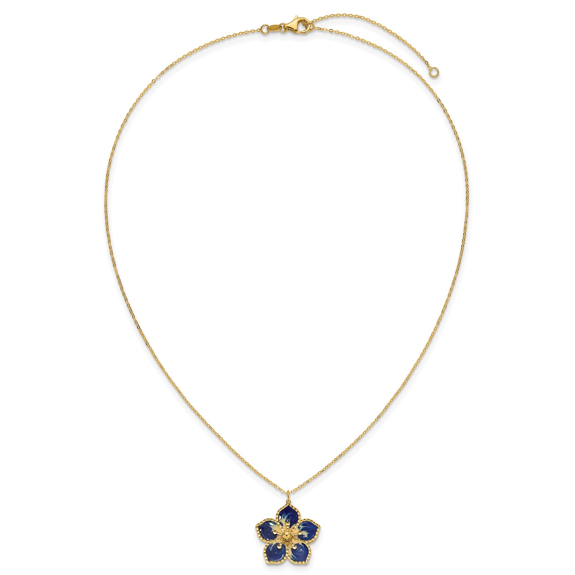 14K Yellow Gold Blue Enamel Flower Pendant Necklace, 16 Inch Chain with 2 Inch Extension